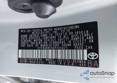 2016 Toyota Corolla Le Plus из США, поврежденный, VIN 5YFBURHEXGP444021